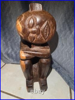 Vintage African Hand Carved Wood Seated Figure Sculpture 13.5 Arms Crossed F. B