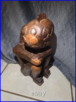 Vintage African Hand Carved Wood Seated Figure Sculpture 13.5 Arms Crossed F. B