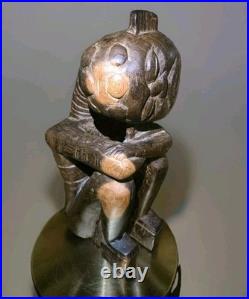 Vintage African Hand Carved Wood Seated Figure Sculpture 13.5 Arms Crossed F. B