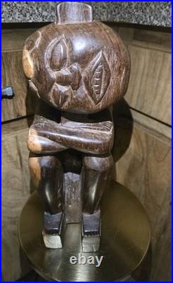 Vintage African Hand Carved Wood Seated Figure Sculpture 13.5 Arms Crossed F. B