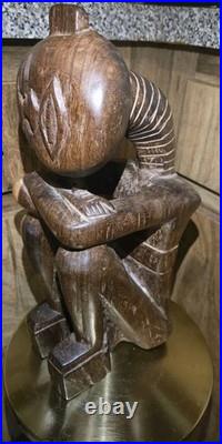 Vintage African Hand Carved Wood Seated Figure Sculpture 13.5 Arms Crossed F. B