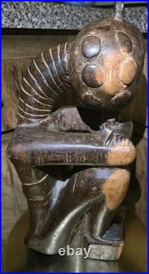 Vintage African Hand Carved Wood Seated Figure Sculpture 13.5 Arms Crossed F. B