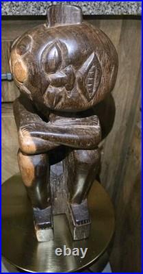 Vintage African Hand Carved Wood Seated Figure Sculpture 13.5 Arms Crossed F. B
