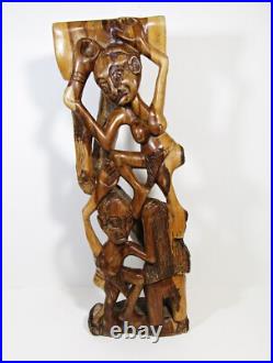 Vintage African Wood Carving Signed Wilson Tribal Couple Relief Sculpture 19 H Vintage African Wood Carving Signed Wilson Tribal Couple Relief Sculpture 19 H