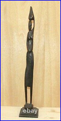 Vintage African hand carving wood statuette nude woman carry vessel on her head