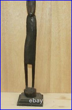 Vintage African hand carving wood statuette nude woman carry vessel on her head