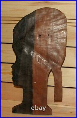 Vintage African hand carving wood wall hanging plaque woman head