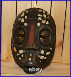 Vintage African ornate seashells/brass hand carving wood wall hanging mask