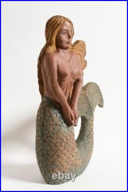 Vintage American Folk Art, wooden Mermaid sculpture. Painted wood carving