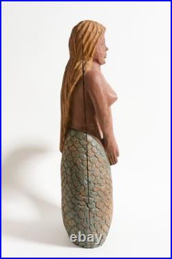 Vintage American Folk Art, wooden Mermaid sculpture. Painted wood carving