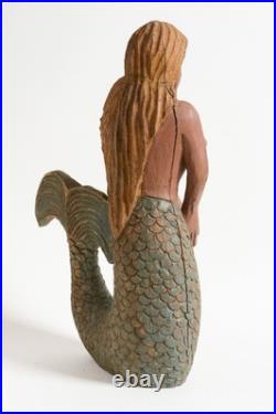 Vintage American Folk Art, wooden Mermaid sculpture. Painted wood carving