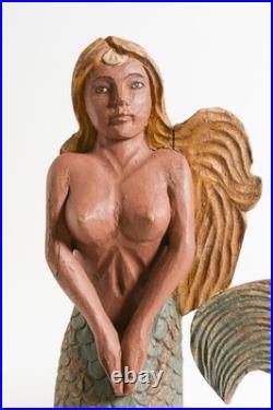 Vintage American Folk Art, wooden Mermaid sculpture. Painted wood carving
