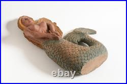 Vintage American Folk Art, wooden Mermaid sculpture. Painted wood carving