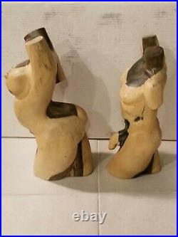 Vintage Antique Exotic Modernist Hand Carved Wood Nude Couple Statues Rare