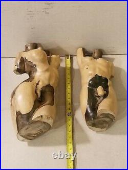 Vintage Antique Exotic Modernist Hand Carved Wood Nude Couple Statues Rare