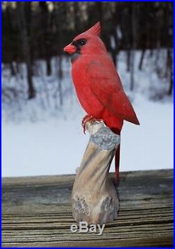 Vintage Art Wooden Male Cardinal Bird Hand Carved Wood Figure Sculpture
