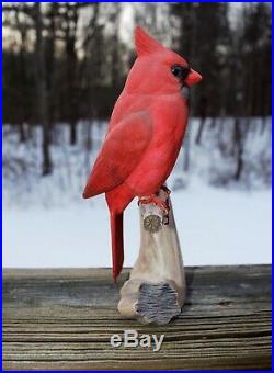 Vintage Art Wooden Male Cardinal Bird Hand Carved Wood Figure Sculpture