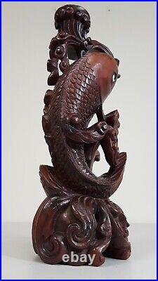 Vintage Asian Koi Fish Sculpture Hand Carved Wood