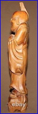 Vintage Asian hand carving wood laughing Buddha Budai statuette