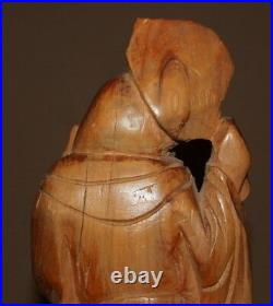 Vintage Asian hand carving wood laughing Buddha Budai statuette