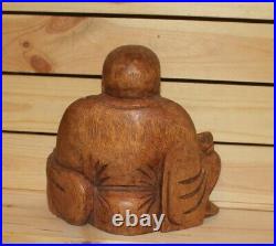 Vintage Asian hand carving wood statuette Budai Laughing Buddha