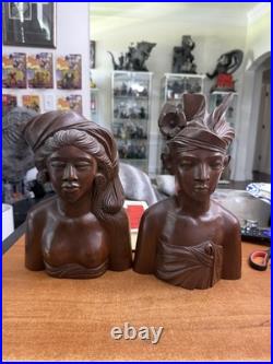 Vintage Bali Teak Wood Busts Pair Hand Carved Balinese Sculpture Man Woman Decor