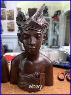 Vintage Bali Teak Wood Busts Pair Hand Carved Balinese Sculpture Man Woman Decor