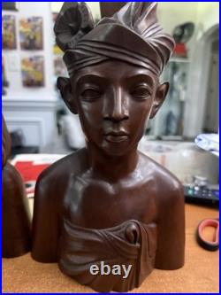 Vintage Bali Teak Wood Busts Pair Hand Carved Balinese Sculpture Man Woman Decor