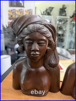Vintage Bali Teak Wood Busts Pair Hand Carved Balinese Sculpture Man Woman Decor