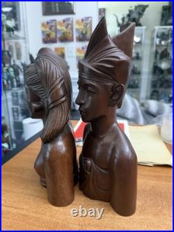Vintage Bali Teak Wood Busts Pair Hand Carved Balinese Sculpture Man Woman Decor