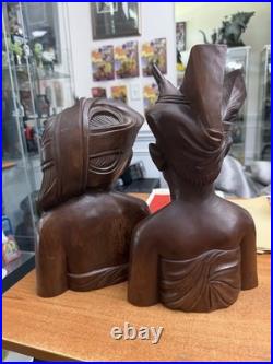 Vintage Bali Teak Wood Busts Pair Hand Carved Balinese Sculpture Man Woman Decor