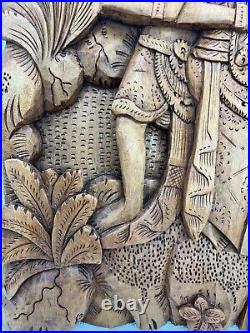 Vintage Balinese Carved Wood Sculpture Wall Panel Rama & Sita
