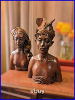 Vintage Balinese Teakwood Busts, Hand-Carved Male and Female Busts, A Fatimah