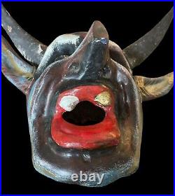 Vintage Carved Mask Guerrero Mexican Folk Art Carved Wood Devil Diablo Horns