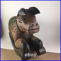 Vintage Carved Wood Exotic Primitive Rocking Horse Pig Ethnic Green Folk Art