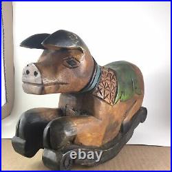 Vintage Carved Wood Exotic Primitive Rocking Horse Pig Ethnic Green Folk Art