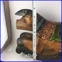 Vintage Carved Wood Exotic Primitive Rocking Horse Pig Ethnic Green Folk Art