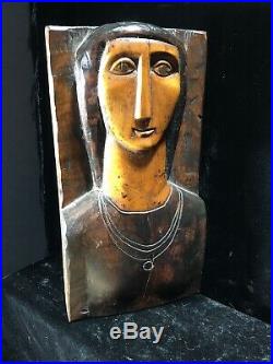 Vintage Carved Wood Icon Sculpture Mid Century Modern Woman Bust Plaque