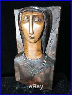 Vintage Carved Wood Icon Sculpture Mid Century Modern Woman Bust Plaque