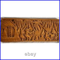 Vintage Carved Wood Panel Indigenous Tomahawk Palm Tree Brown Tropical Ladder