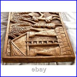 Vintage Carved Wood Panel Indigenous Tomahawk Palm Tree Brown Tropical Ladder