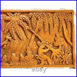 Vintage Carved Wood Panel Indigenous Tomahawk Palm Tree Brown Tropical Ladder