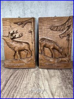 Vintage Carved Wood Wall Hanging Stag, Doe withFawn Black Forest Hand Carving
