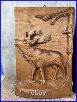 Vintage Carved Wood Wall Hanging Stag, Doe withFawn Black Forest Hand Carving