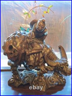 Vintage Chinese Art Carved Wooden Sculpture Boy Riding Water Buffalo Signed