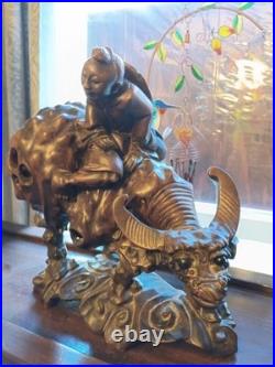Vintage Chinese Art Carved Wooden Sculpture Boy Riding Water Buffalo Signed