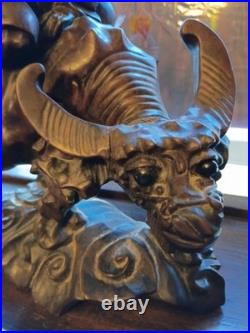 Vintage Chinese Art Carved Wooden Sculpture Boy Riding Water Buffalo Signed