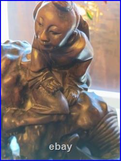 Vintage Chinese Art Carved Wooden Sculpture Boy Riding Water Buffalo Signed