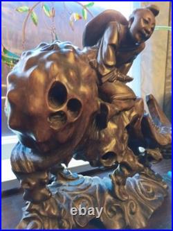 Vintage Chinese Art Carved Wooden Sculpture Boy Riding Water Buffalo Signed