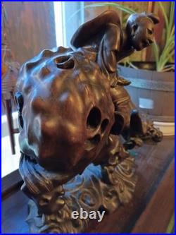 Vintage Chinese Art Carved Wooden Sculpture Boy Riding Water Buffalo Signed